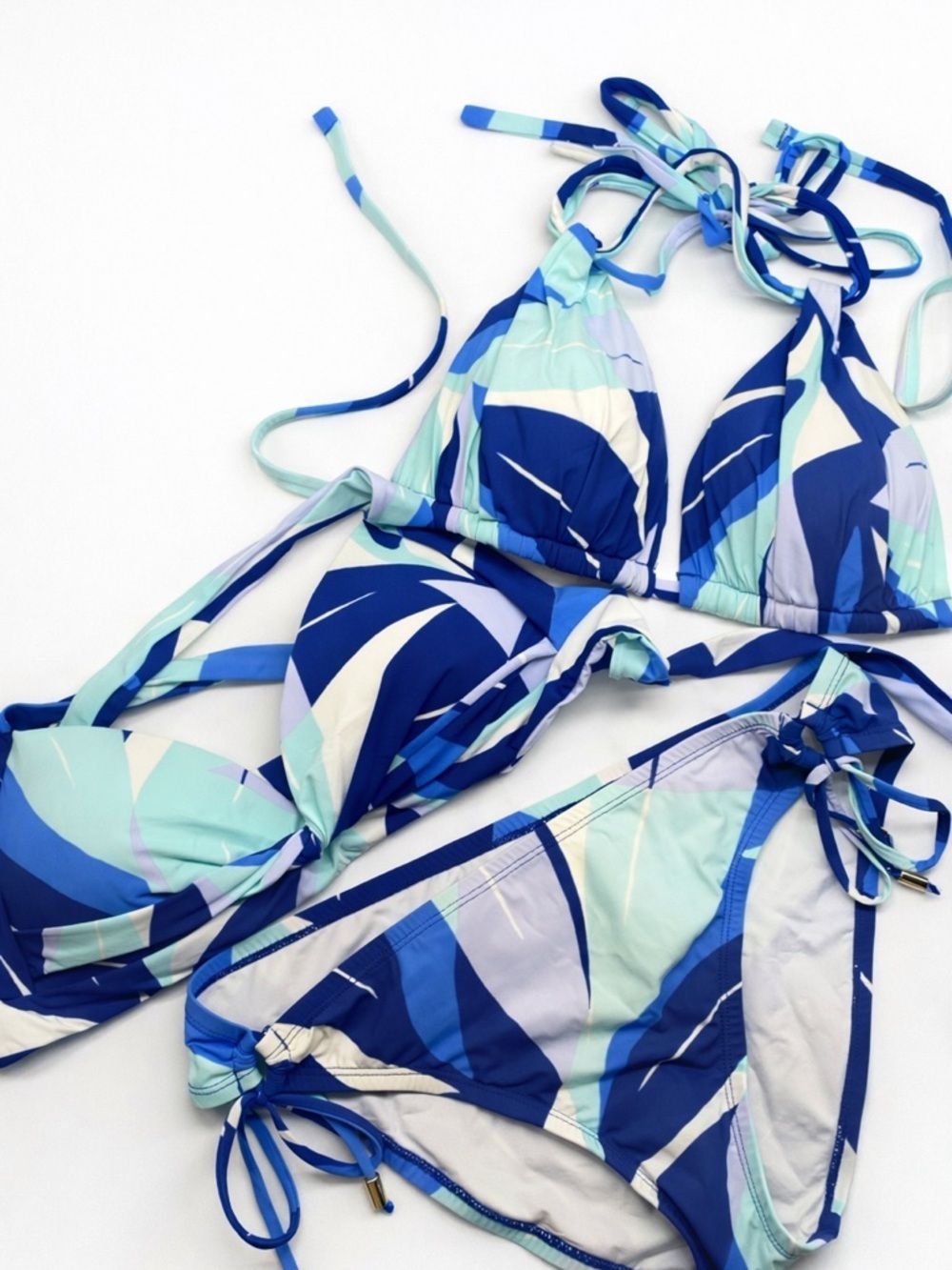 La Blanca 3pc Bikini Set Euro Summer Triangle Tops | Side Tie Bottom Blue Small